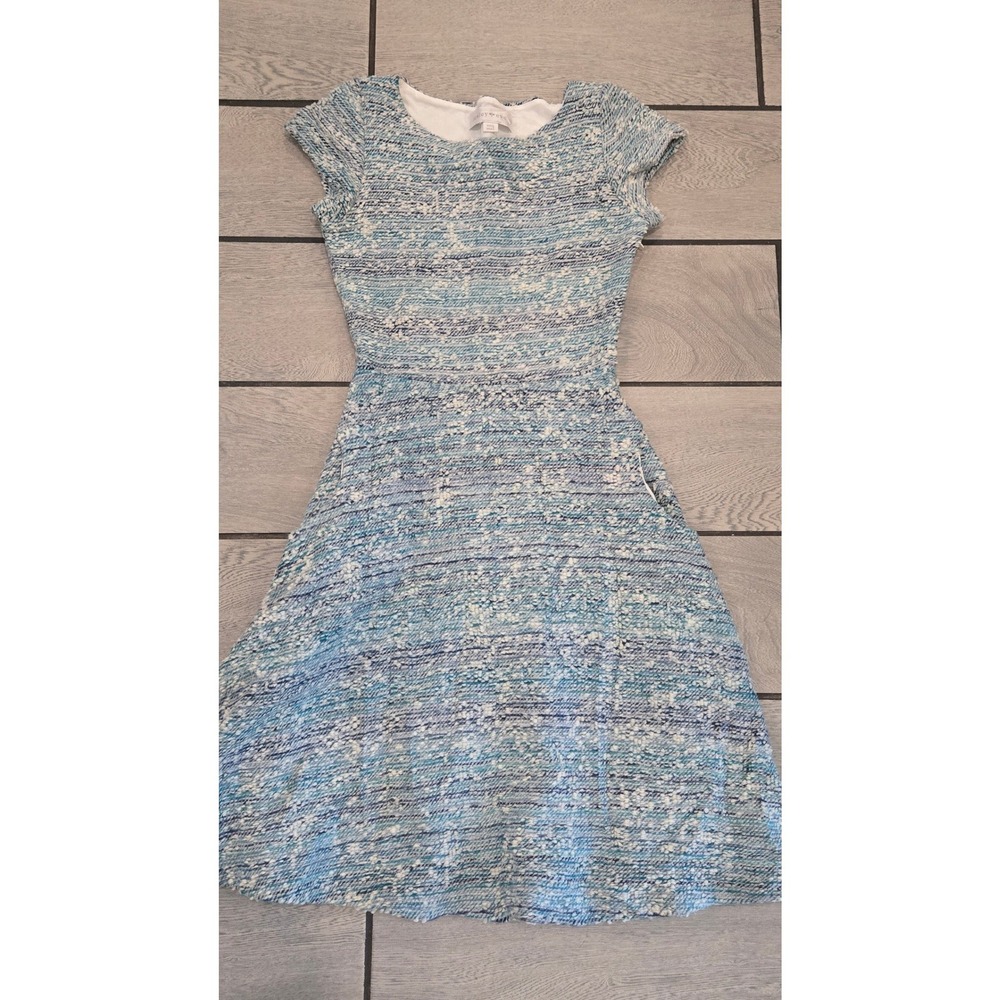 Lesley Evers Blue White Textured Knit Fit and Flare Pocket Dress XS